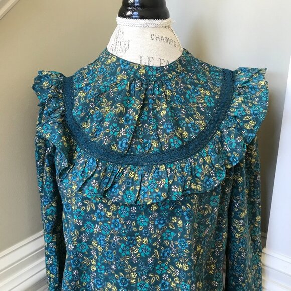 Banjanan Floral Print Blouse Top Shirt Womens Small Green Floral Long Sleeve - Picture 6 of 13